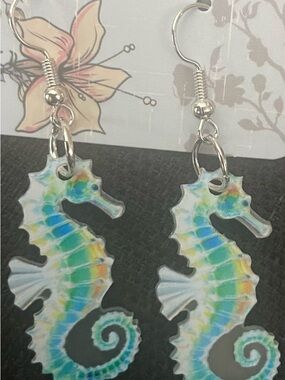 Blue Green Seahorse Dangle Earrings